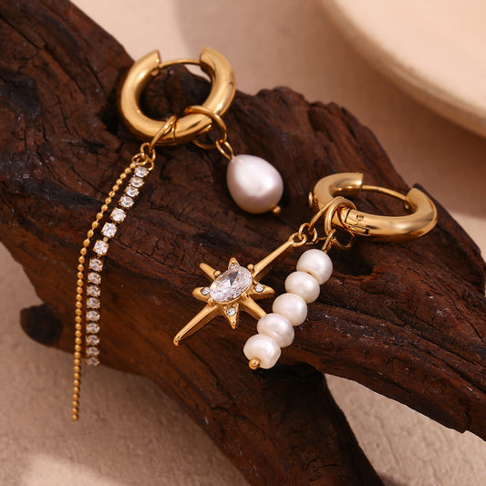 Pearl zircon octagram chain earrings