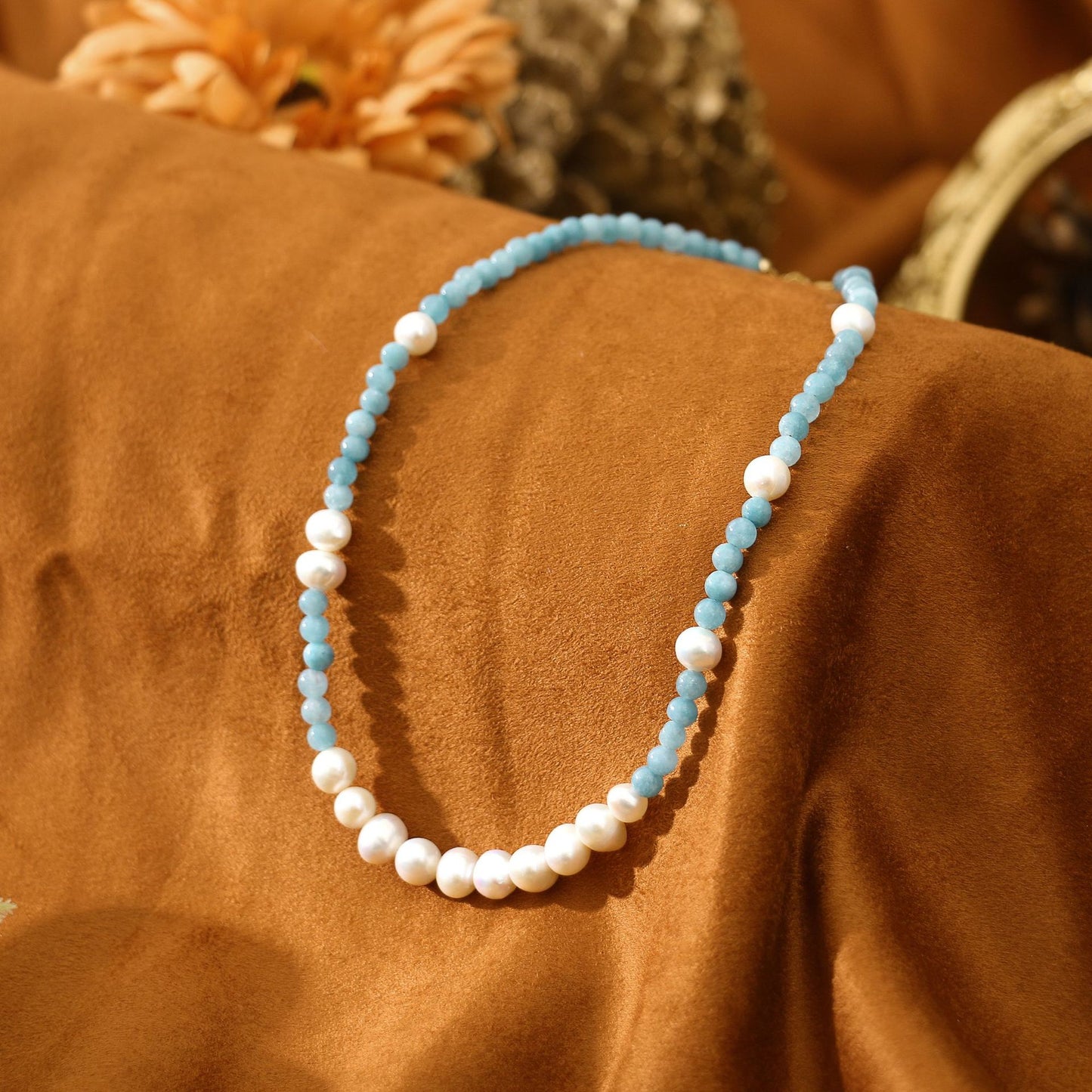 Aquamarine Round Pearl Necklace