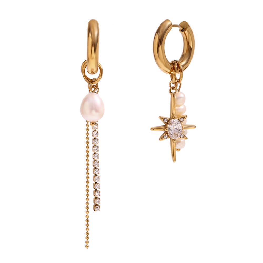 Pearl zircon octagram chain earrings