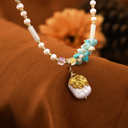 Hand painted Baroque Dongling jade freshwater pearl necklace