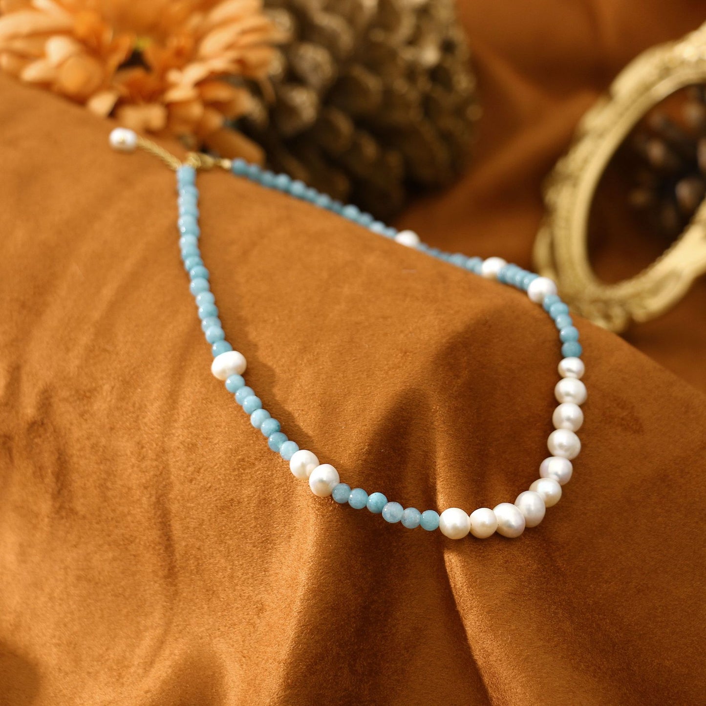 Aquamarine Round Pearl Necklace