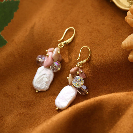 Rosestone Cube Baroque Pearl Earrings