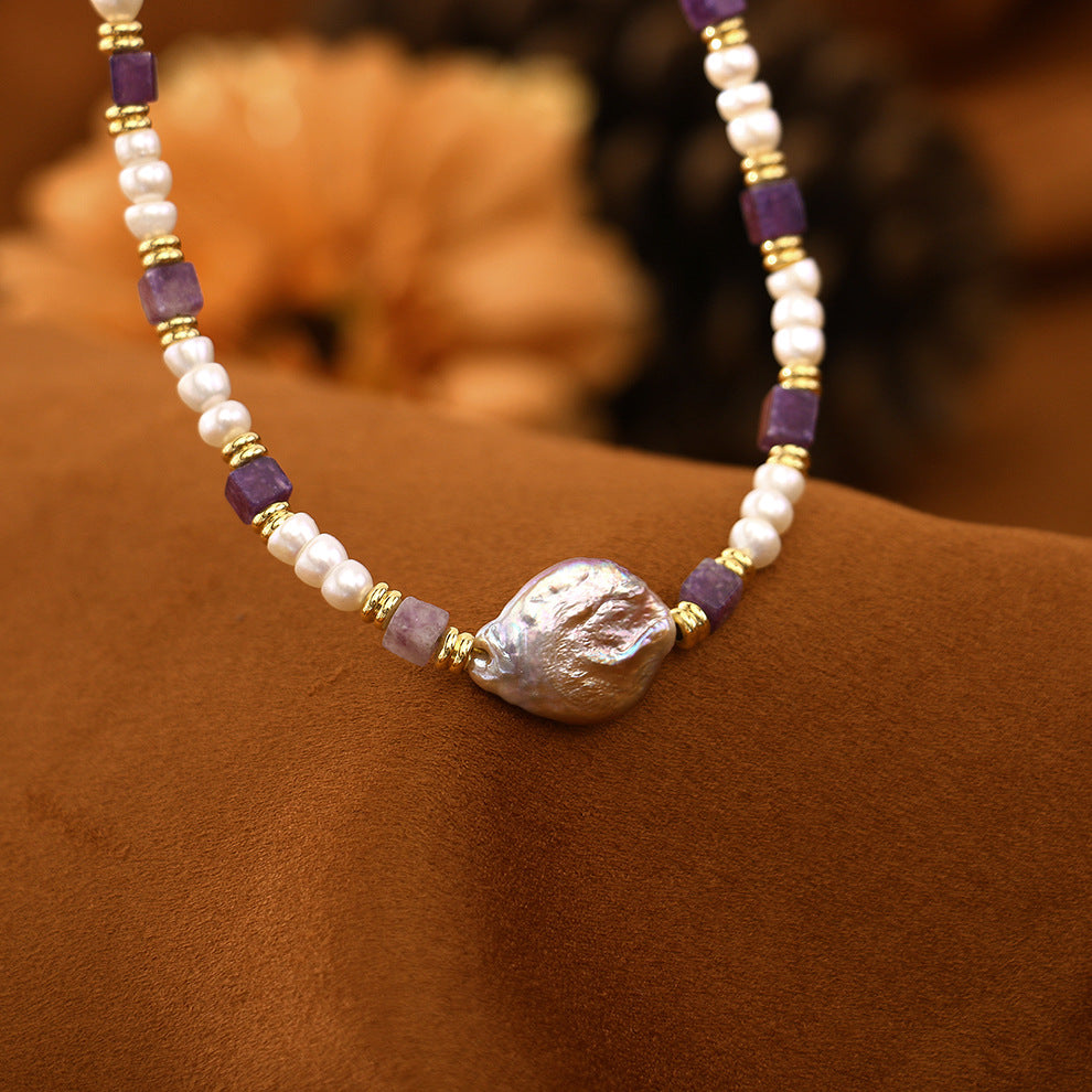 Purple Dongling stone pearl necklace