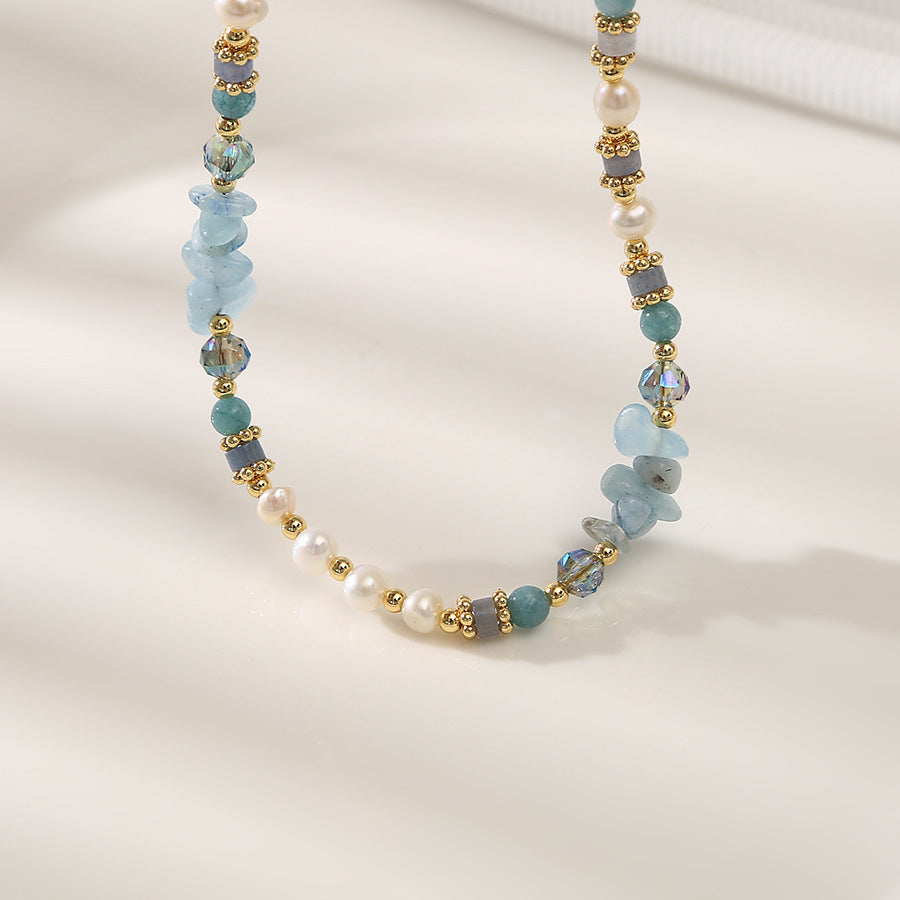 Aquamarine blue crystal pearl necklace light