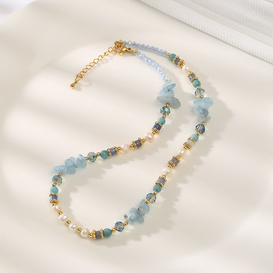 Aquamarine blue crystal pearl necklace light