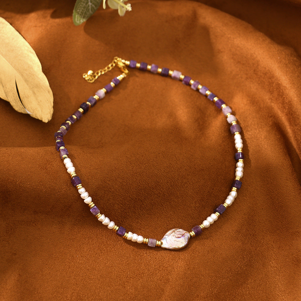 Purple Dongling stone pearl necklace