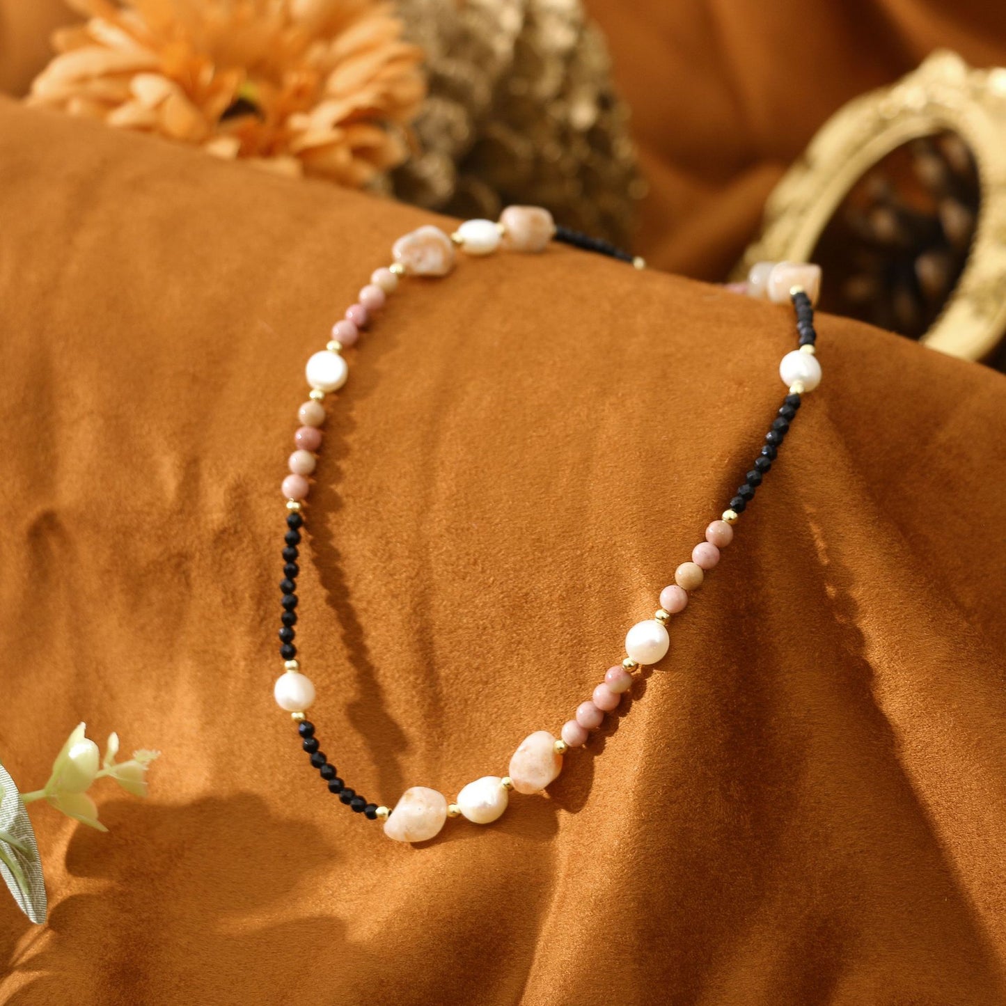 Baroque Rosestone Black Spinel Pearl Necklace