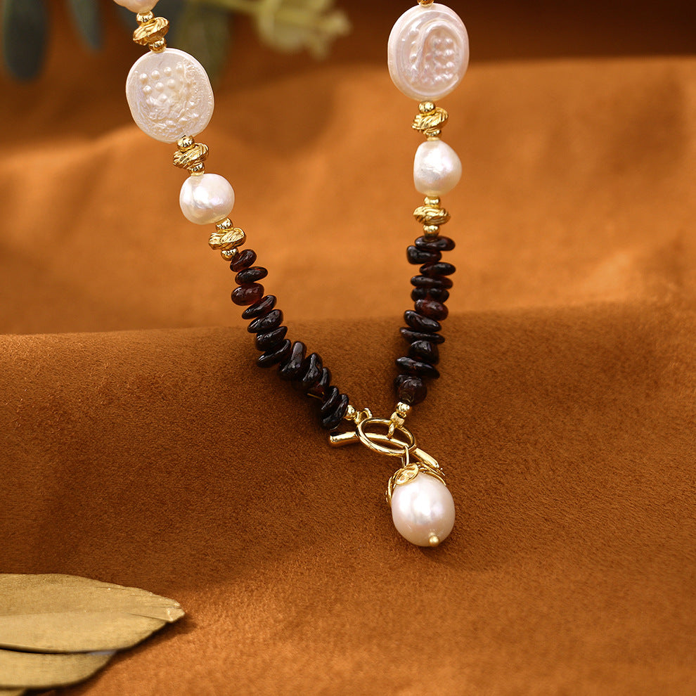 OT Buckle Baroque Garnet Pearl Necklace