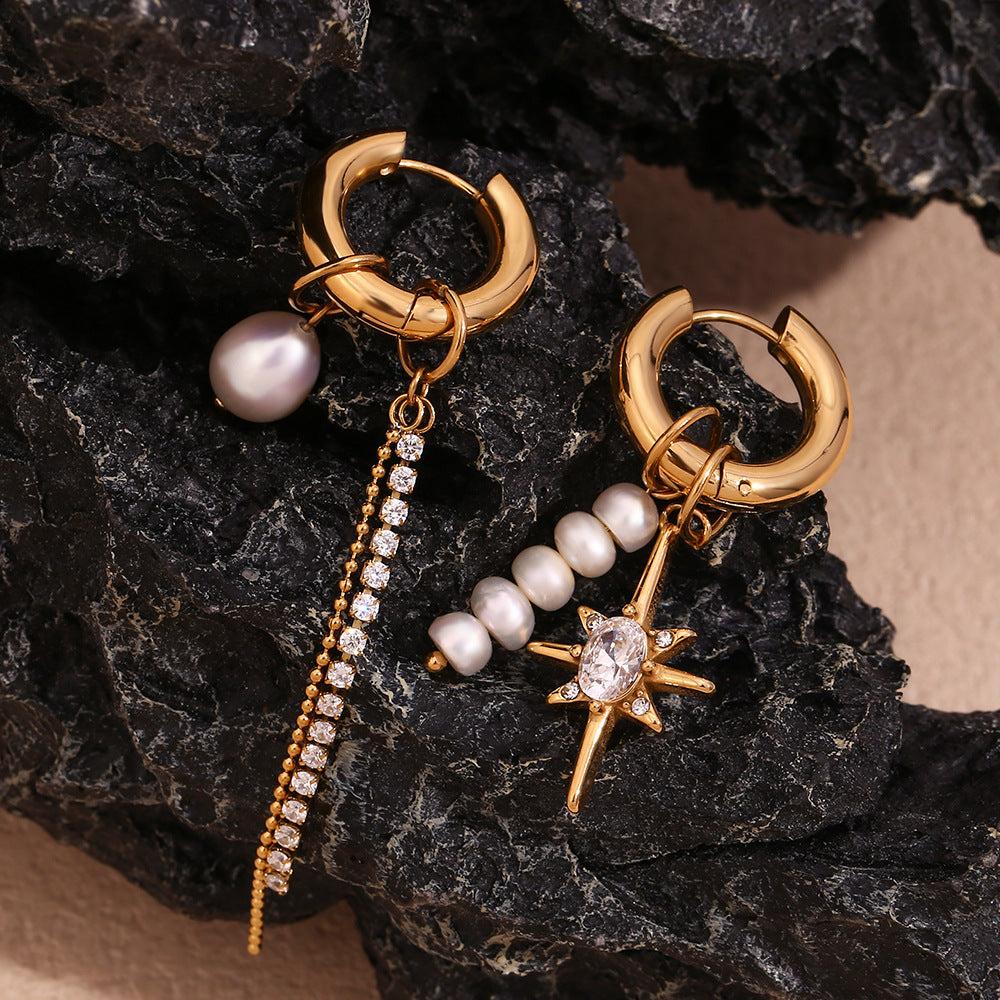 Pearl zircon octagram chain earrings