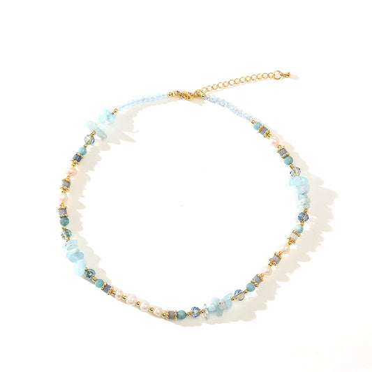 Aquamarine blue crystal pearl necklace light