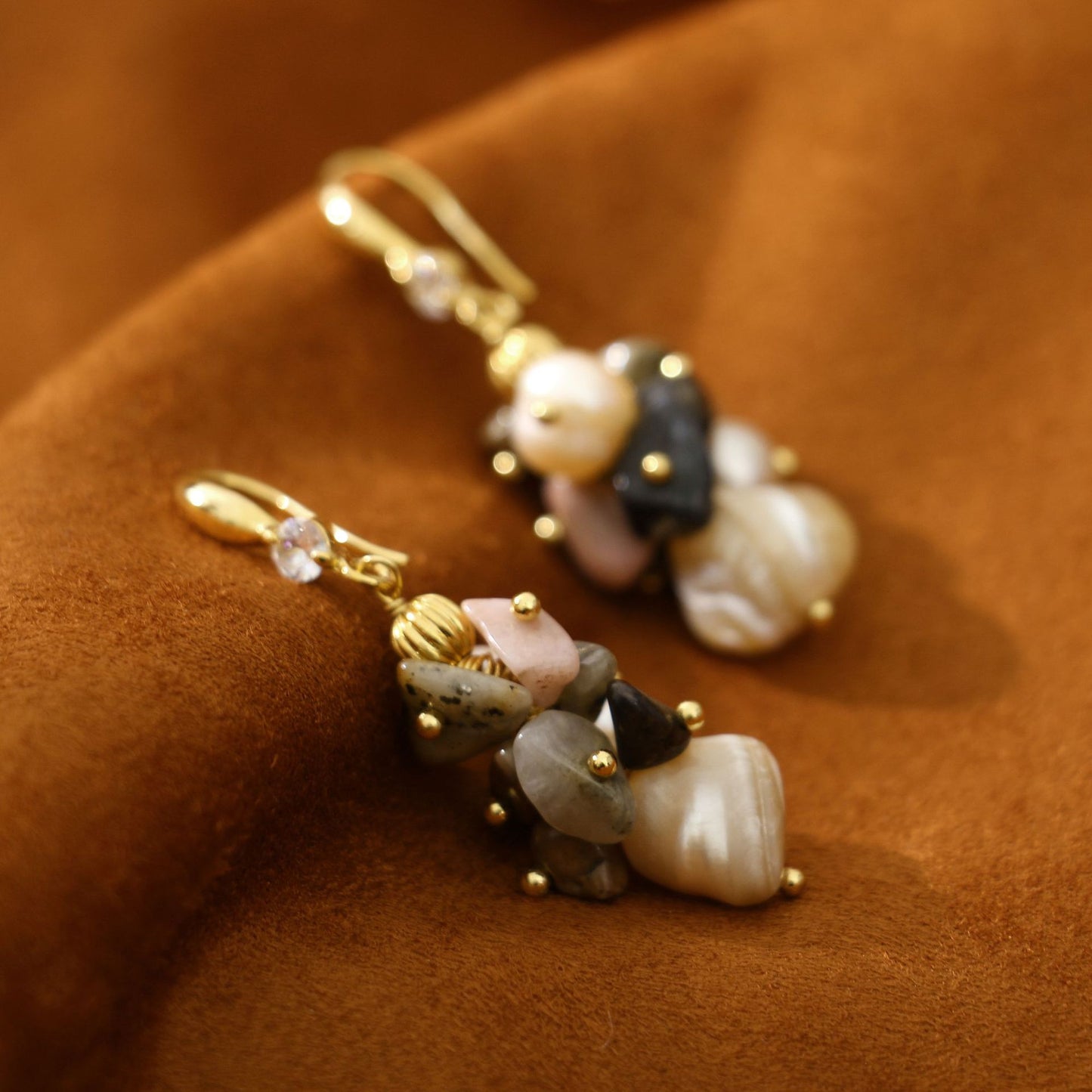 Tourmaline Gravel Pink Freshwater Pearl Earrings